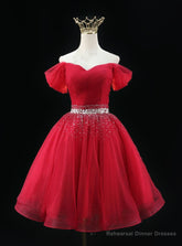 Burgundy Tulle Off the Shoulder Pleats Beading Homecoming Dress
